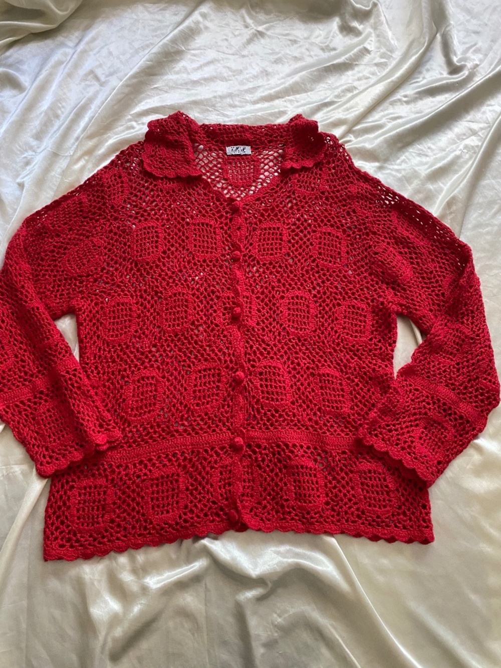 Vintage 1990s Red Crochet Cardigan Cottage Boho Preppy XL *read*